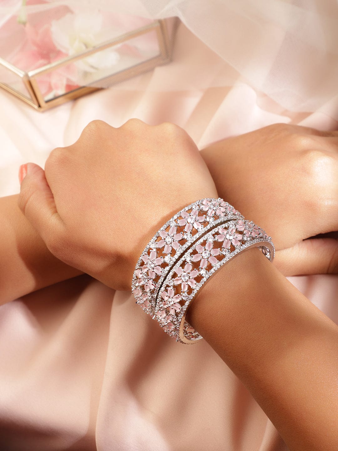 Wentra Set of 2 Rhodium Plated Premium Quality White AD & Cubic Zirconia Studded Bangles