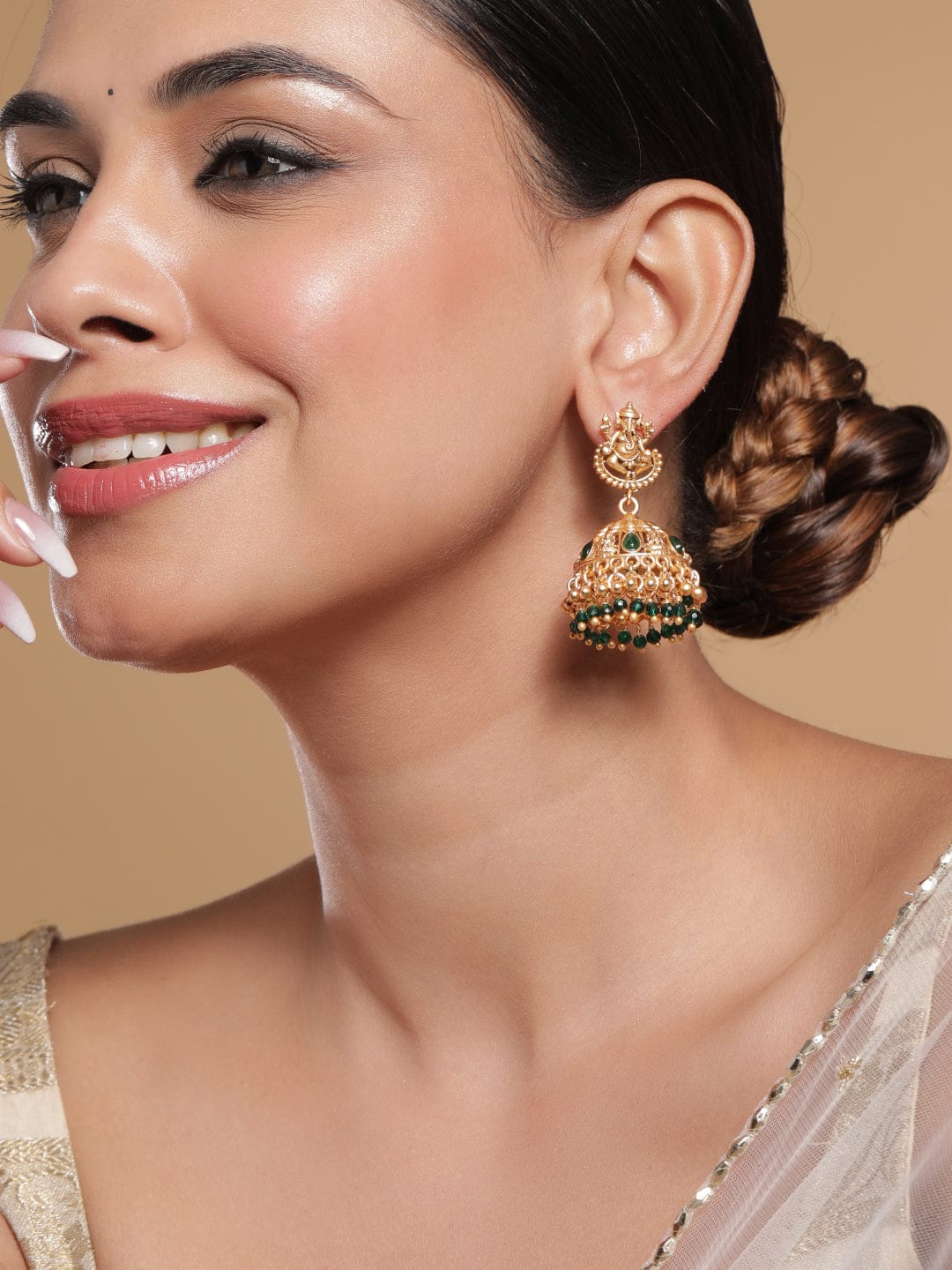 Temple Glow Lord Ganesha Motif Green Jhumka
