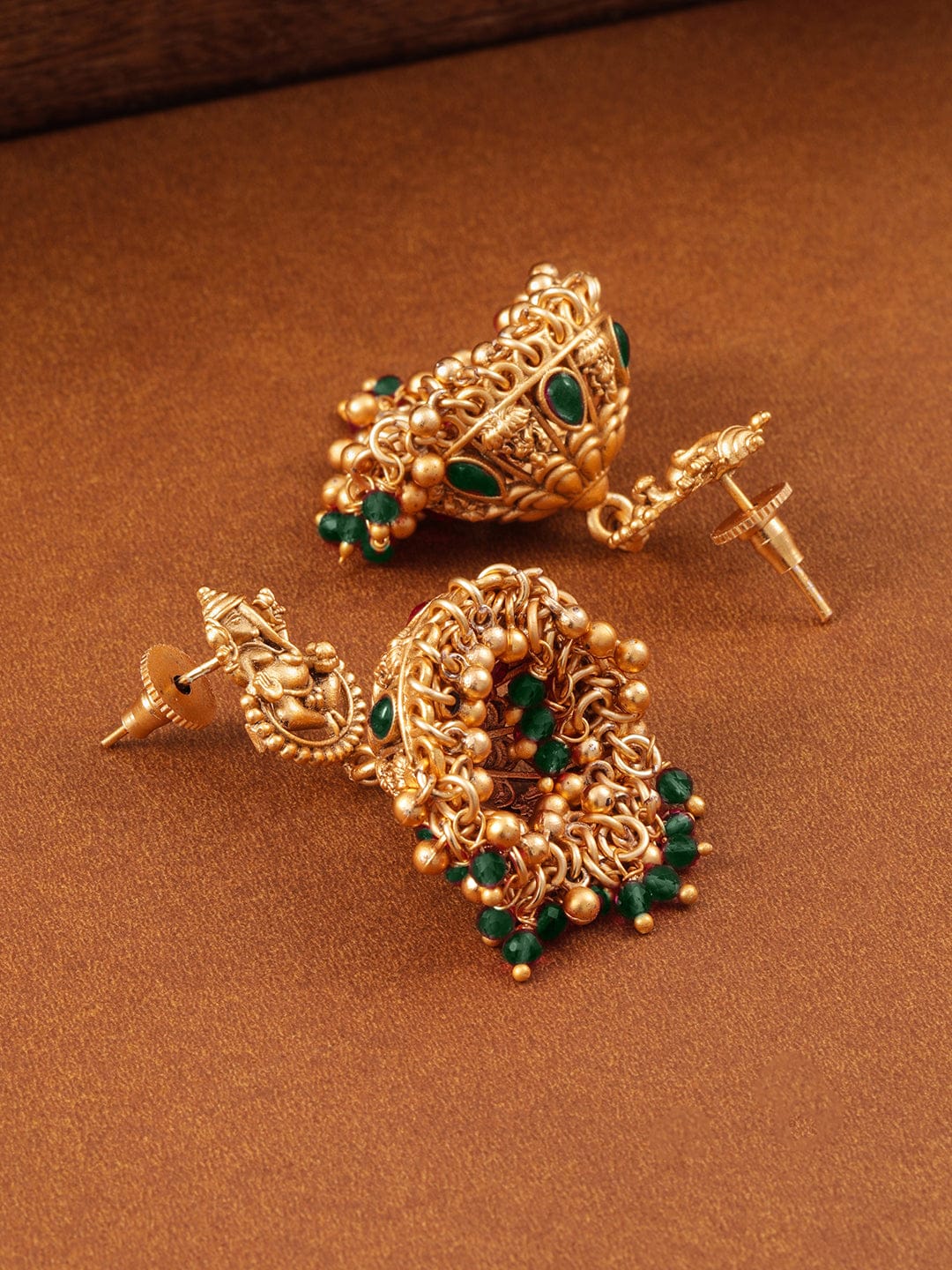 Temple Glow Lord Ganesha Motif Green Jhumka