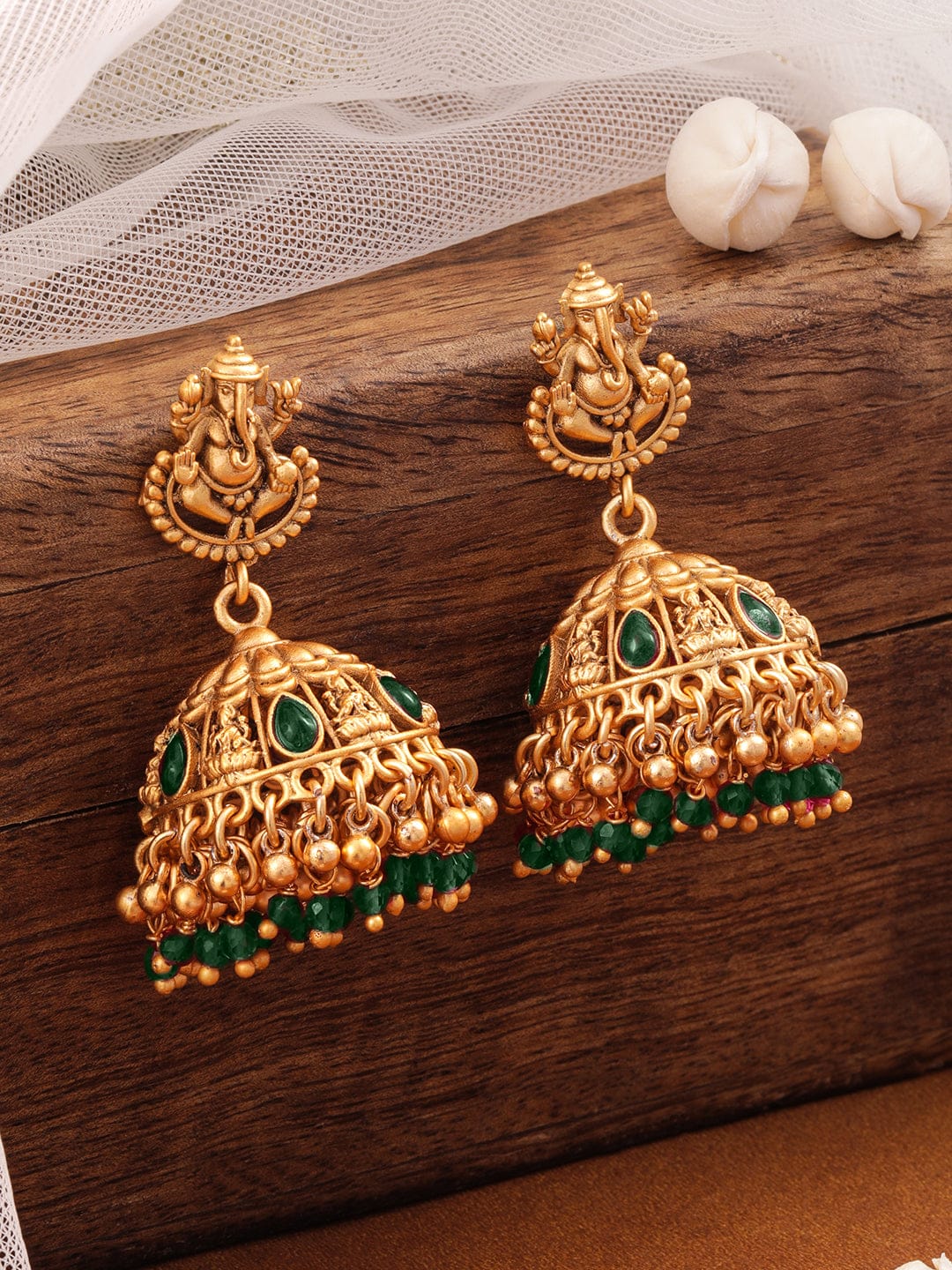 Temple Glow Lord Ganesha Motif Green Jhumka