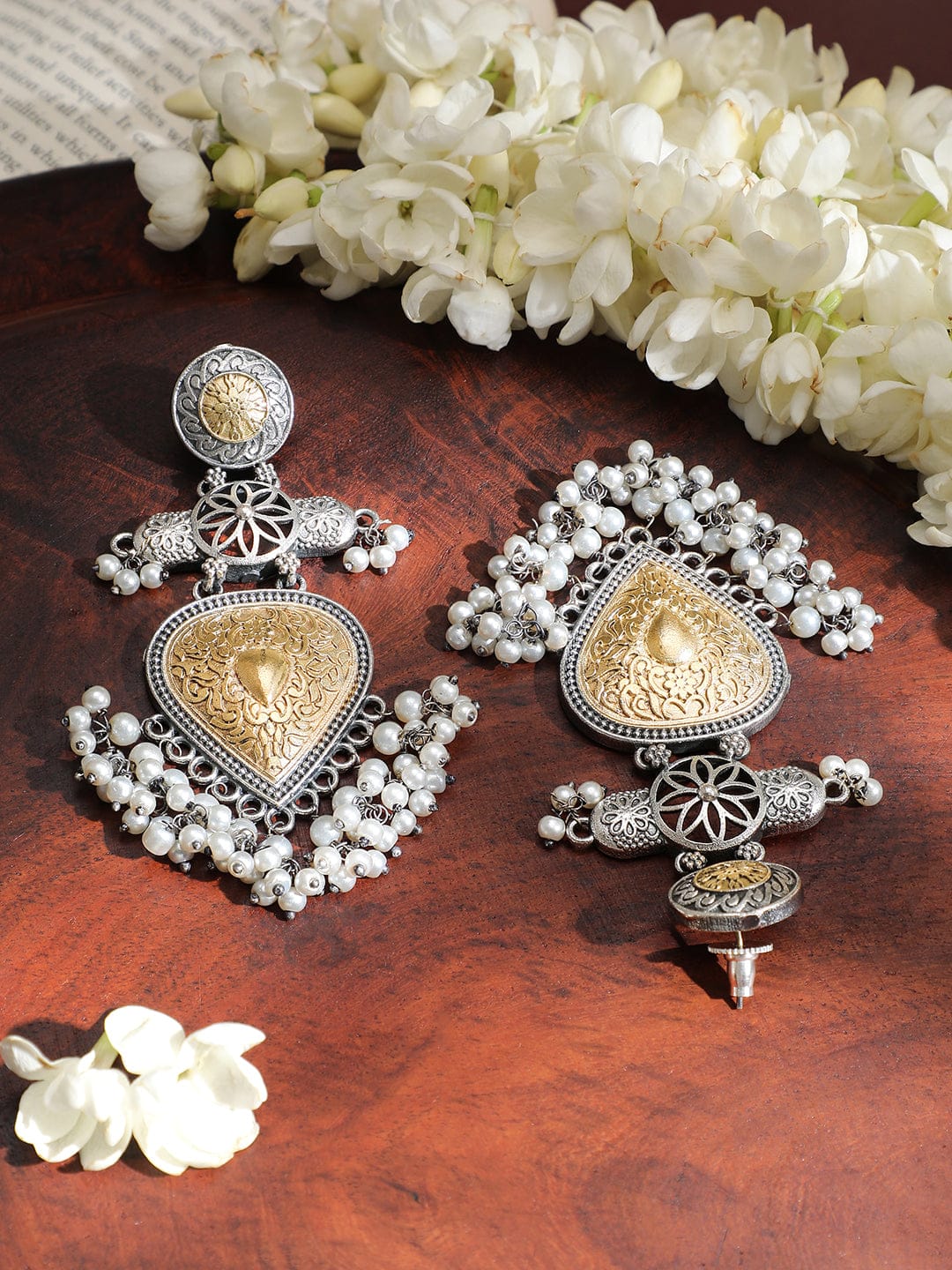 Tribal Glam Dual Tone Pearls Danglers