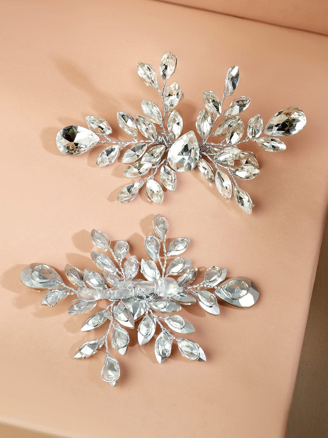 White crystal leaf side hair clip - Set of 2