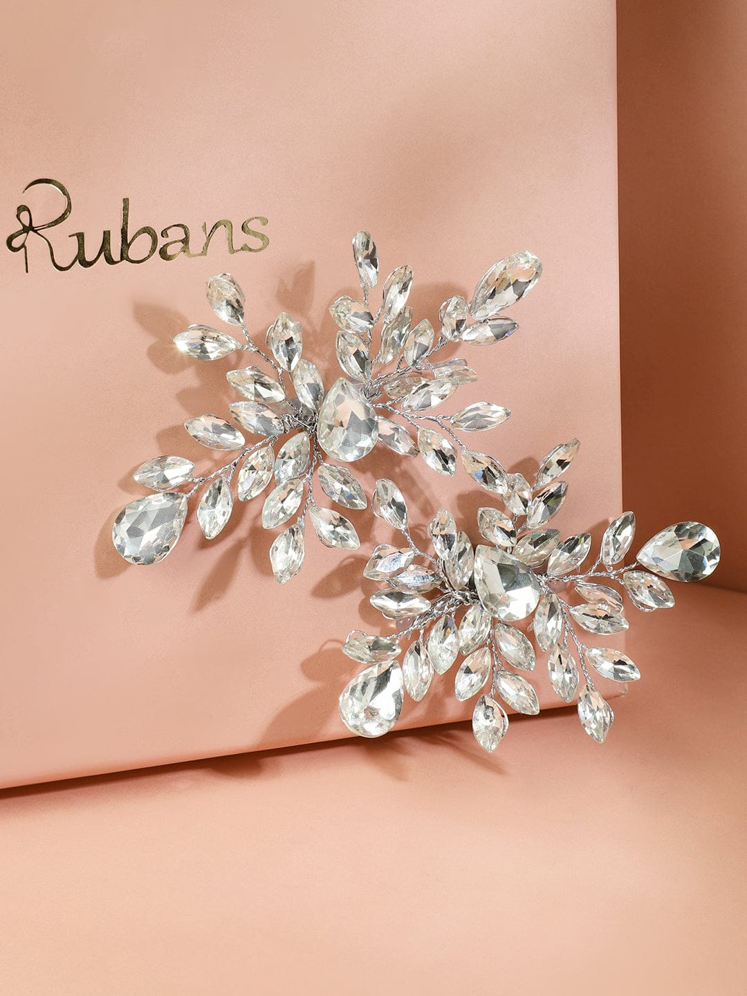 White crystal leaf side hair clip - Set of 2